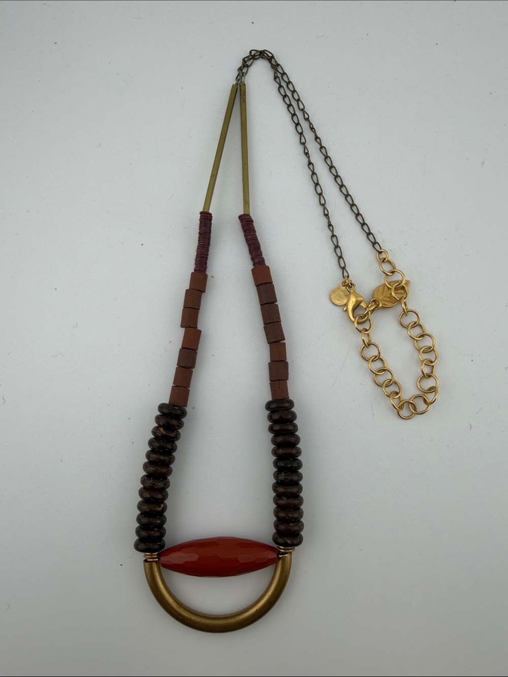 David Aubrey Brown and Red stone Pendant Necklace with brass accents